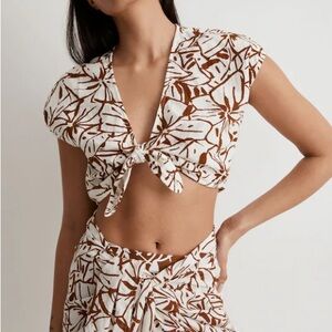 Madewell Cream Crop Top with Brown Floral Tie Front